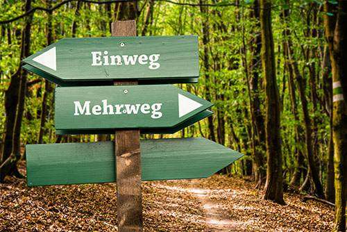 Schilder in einem Wald die verschiedene Wege zeigen. Auf einem Schild steht "Mehrweg" und auf dem anderen Schuld steht "Einweg". Beide zeigen in eine unterschiedliche Richtung impulse-workshops-osnabrueck